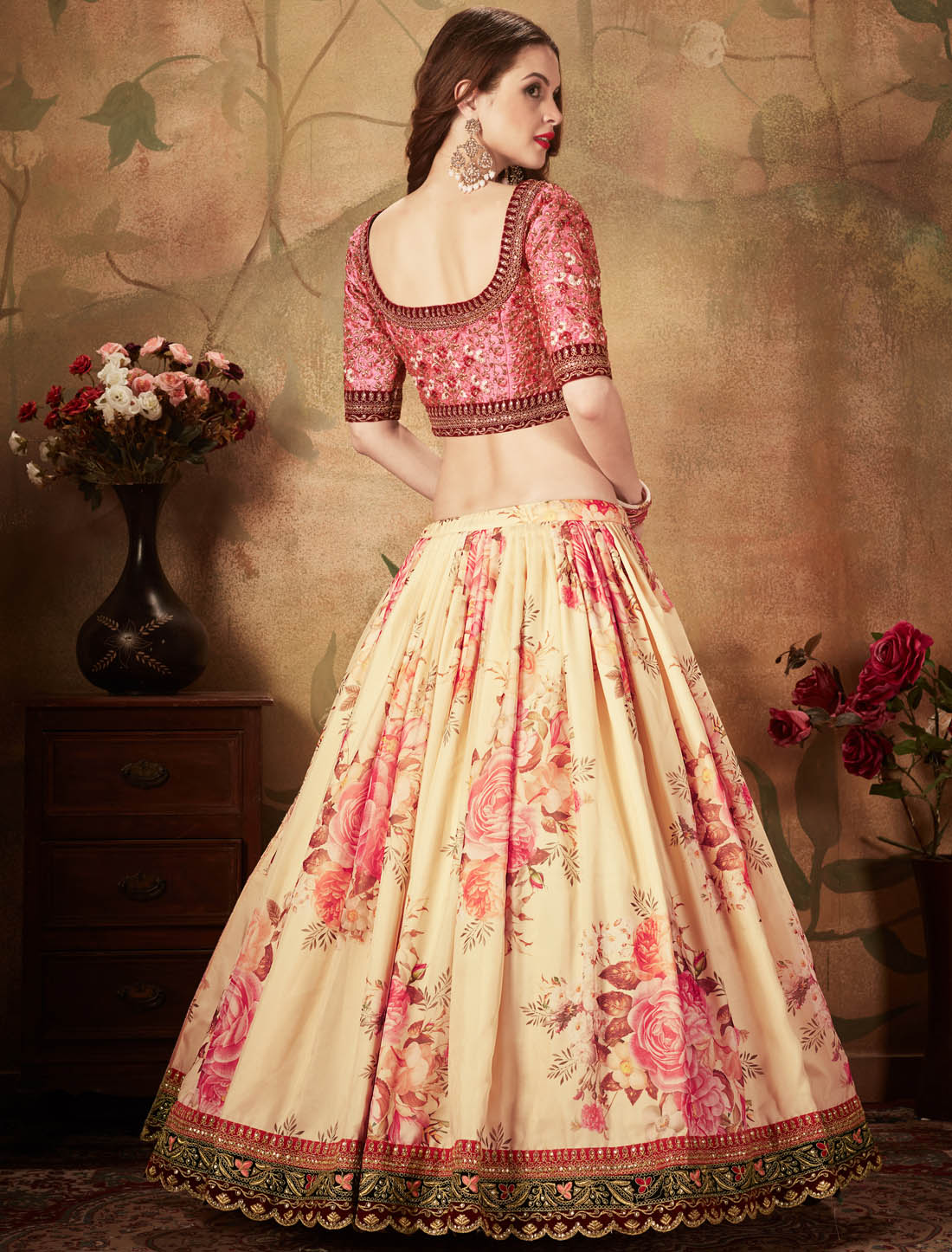 Beige & Peach Semi Stitched Organza & Slub Silk Ethnic Lehenga Choli For Women