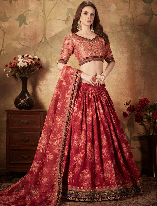 Maroon & Peach Organza Ethnic Zari & Sequins Semi Stitched Lehenga Choli