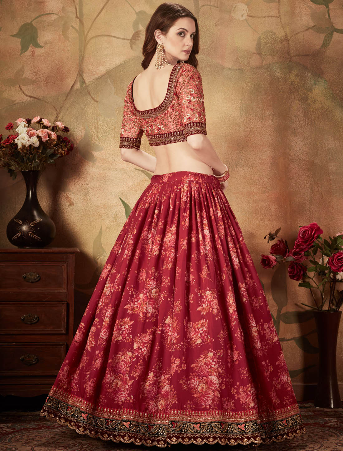 Maroon & Peach Organza Ethnic Zari & Sequins Semi Stitched Lehenga Choli