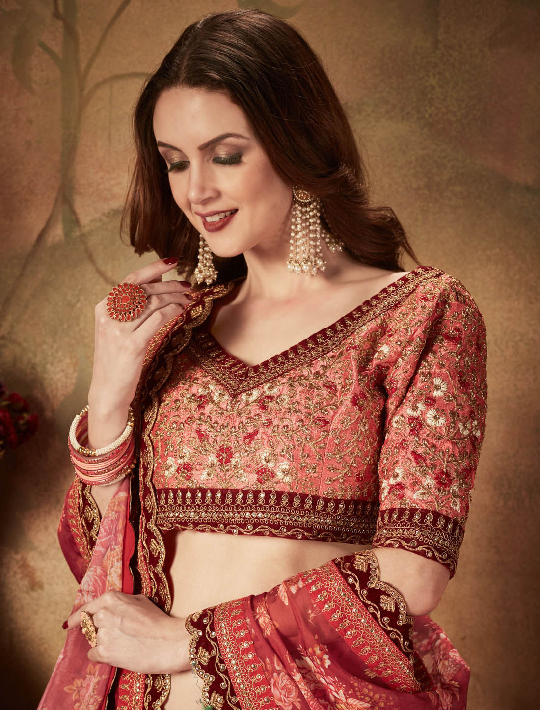 Maroon & Peach Organza Ethnic Zari & Sequins Semi Stitched Lehenga Choli