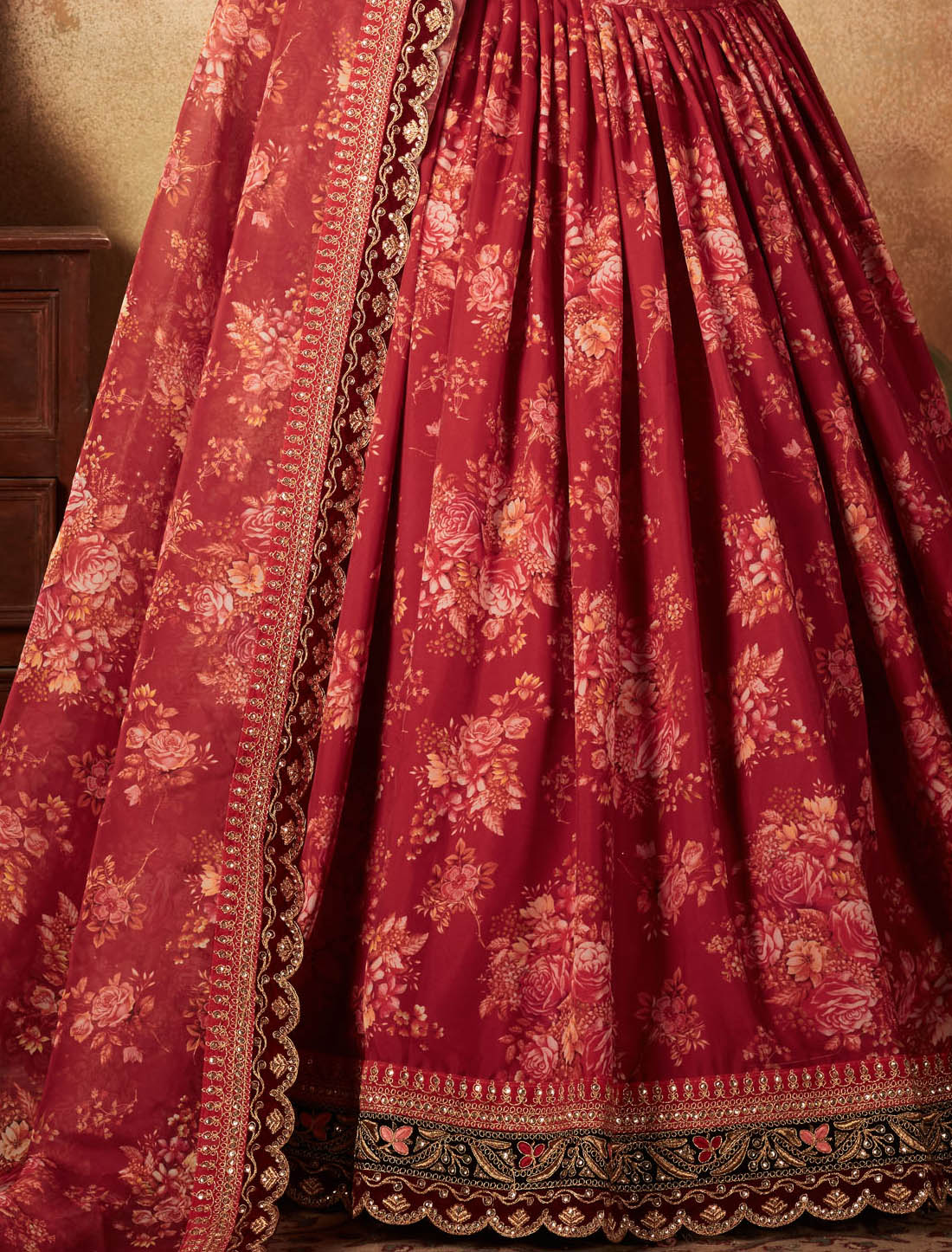 Maroon & Peach Organza Ethnic Zari & Sequins Semi Stitched Lehenga Choli