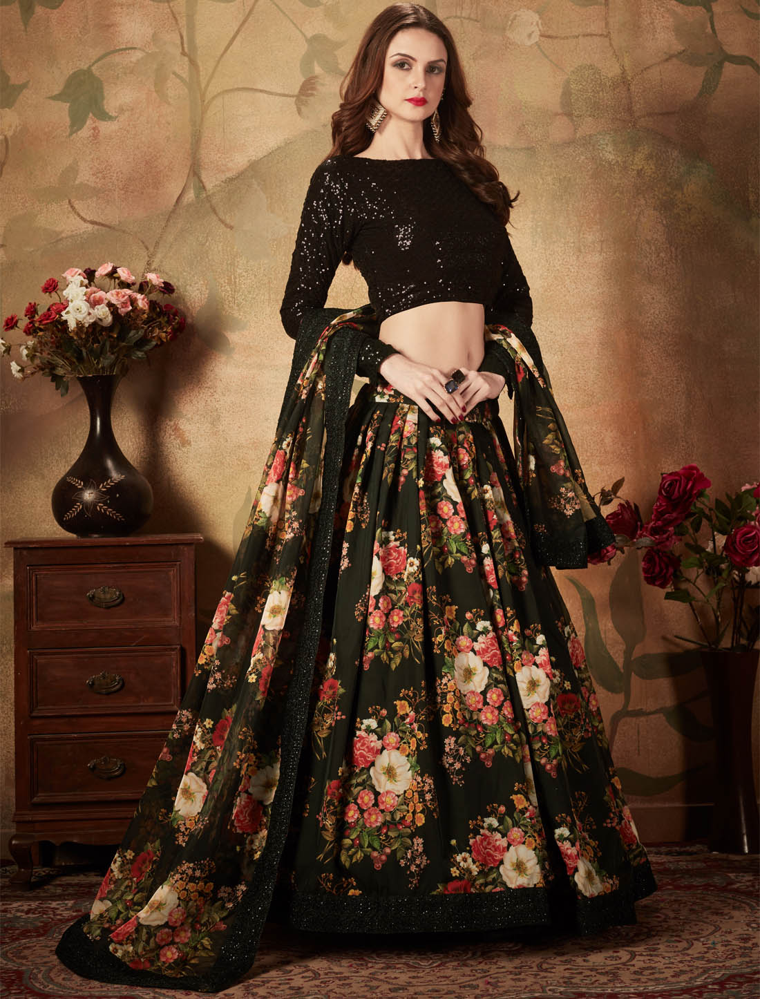 Black Semi Stitched Organza & Georgette Ethnic Lehenga Choli For Women