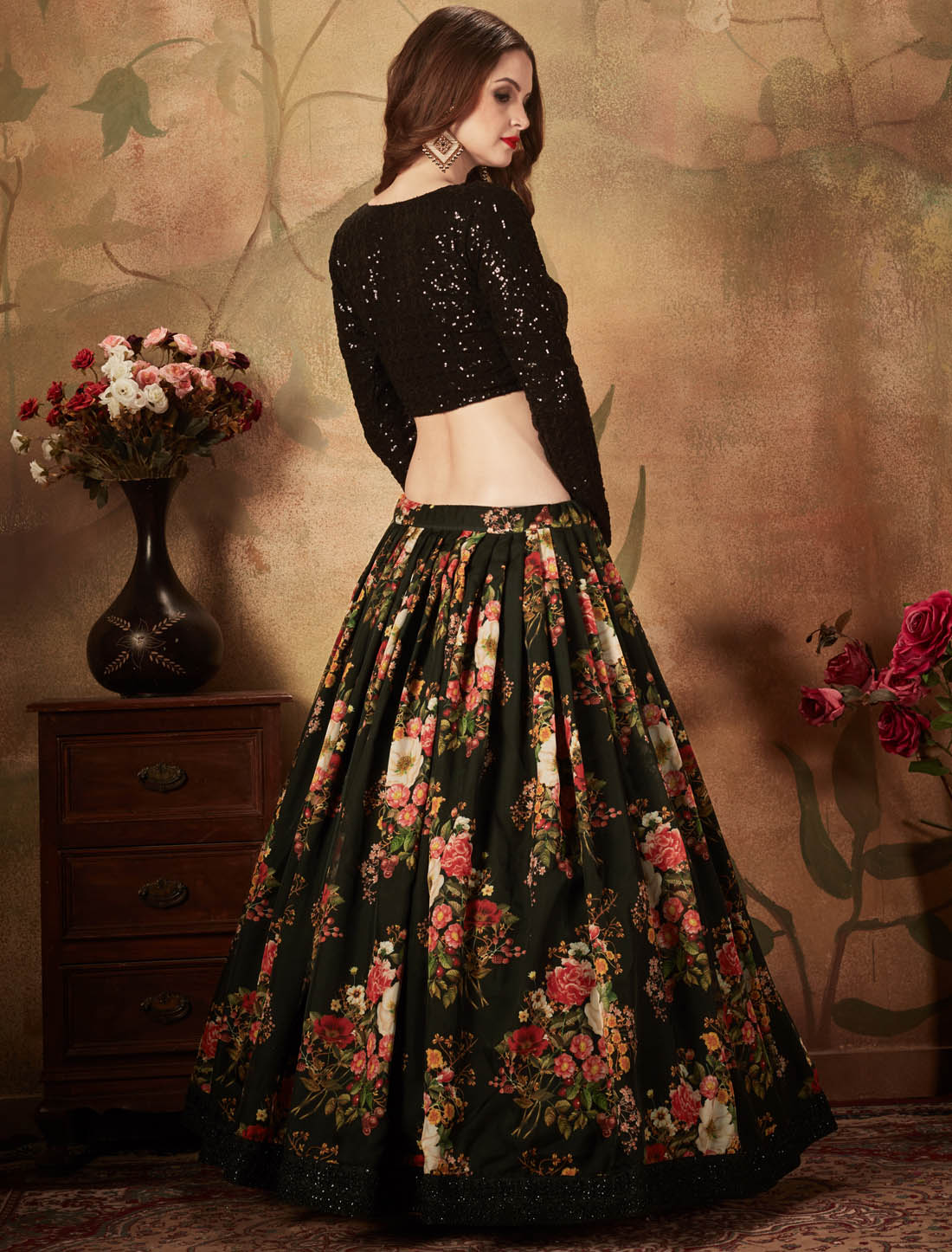 Black Semi Stitched Organza & Georgette Ethnic Lehenga Choli For Women