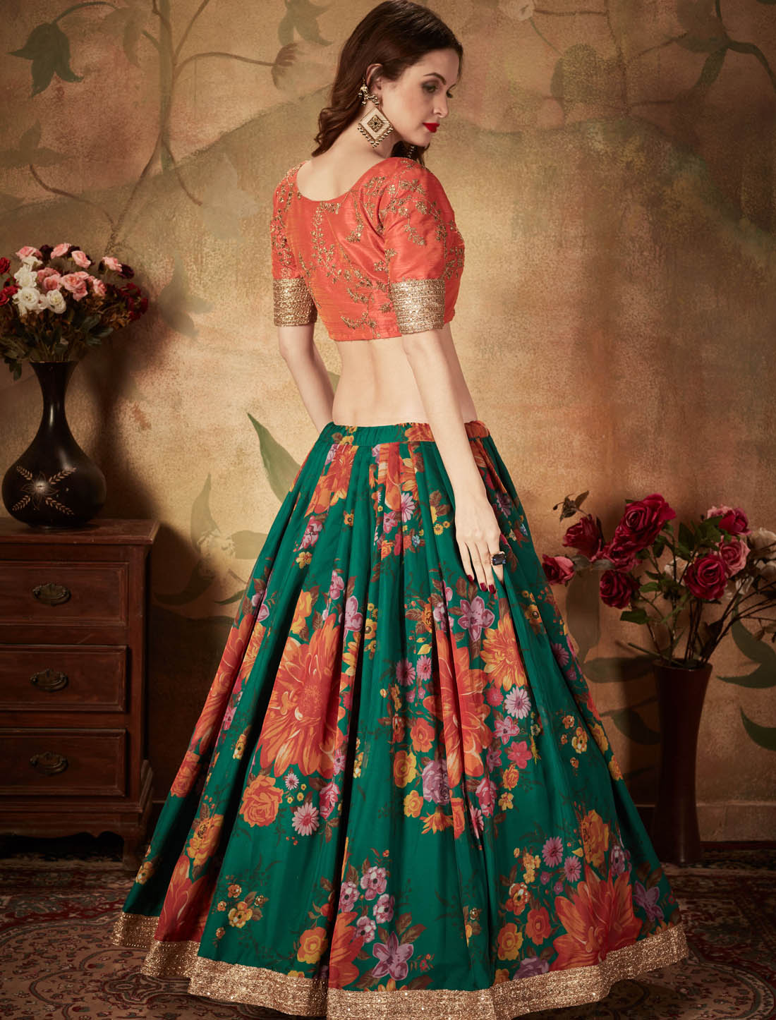 Green & Orange Organza & Slub Silk Ethnic Lehenga Choli With Digital Print For Women