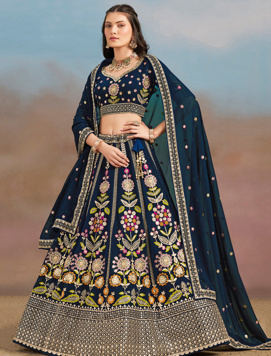 Navy Blue Designer Georgette Lehenga Choli Set With Zari Embroidery