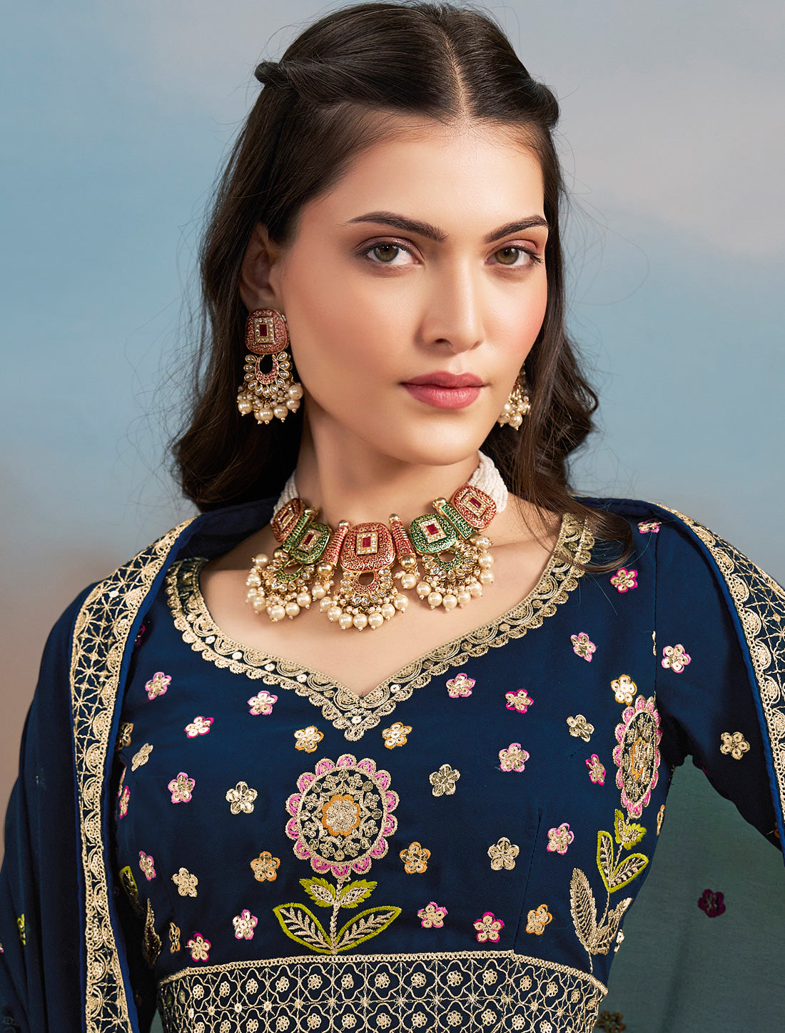 Navy Blue Designer Georgette Lehenga Choli Set With Zari Embroidery