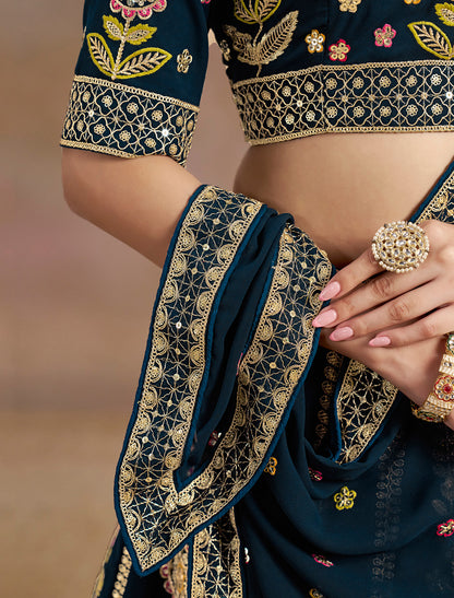 Navy Blue Designer Georgette Lehenga Choli Set With Zari Embroidery