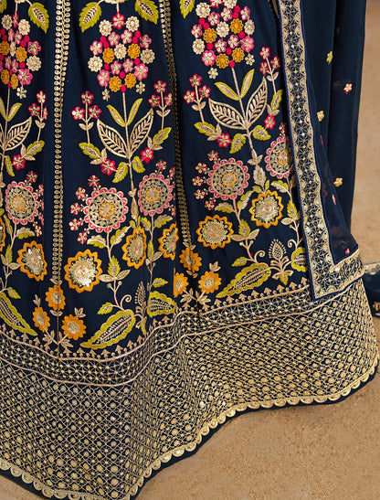 Navy Blue Designer Georgette Lehenga Choli Set With Zari Embroidery