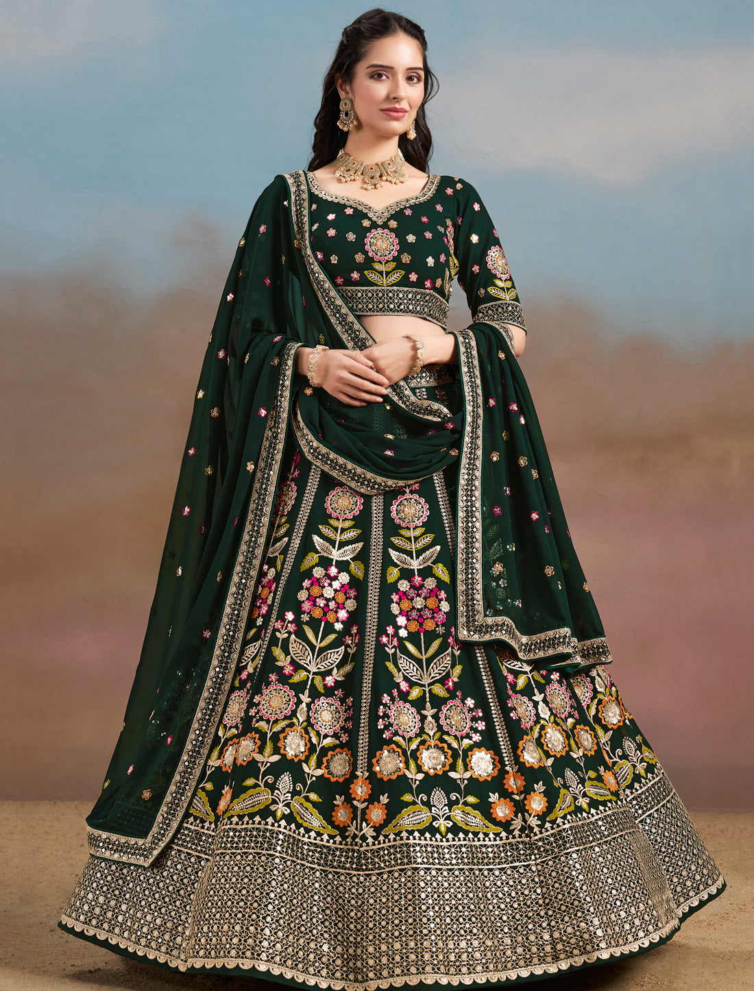 Green Designer Georgette Lehenga Choli Set With Zari Embroidery