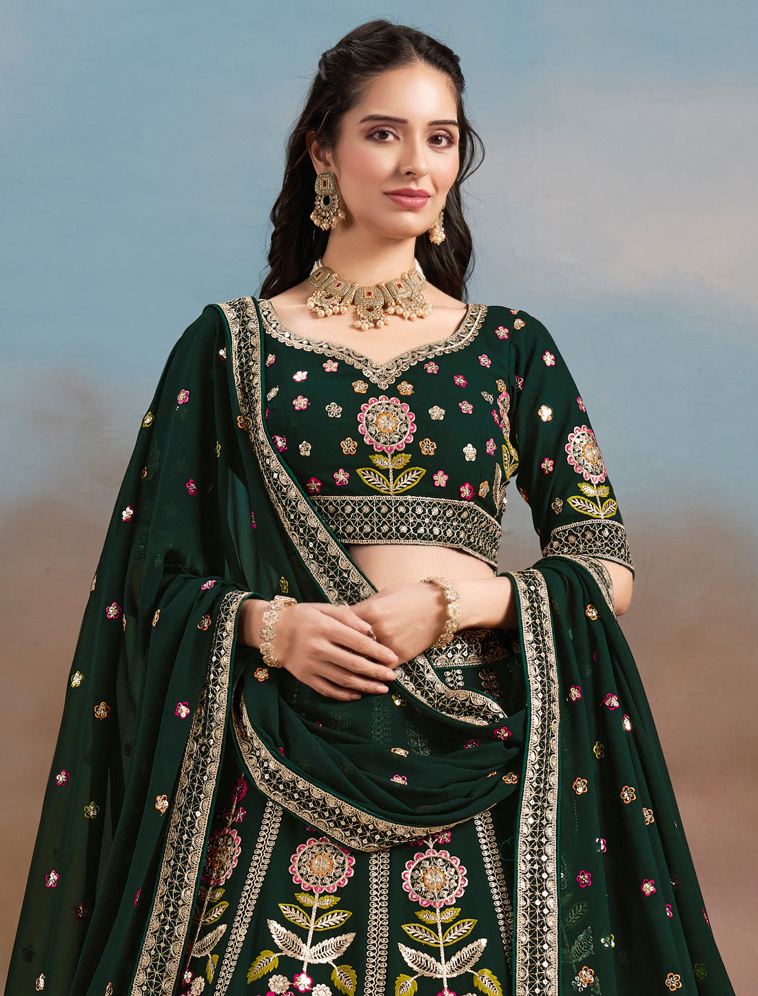 Green Designer Georgette Lehenga Choli Set With Zari Embroidery