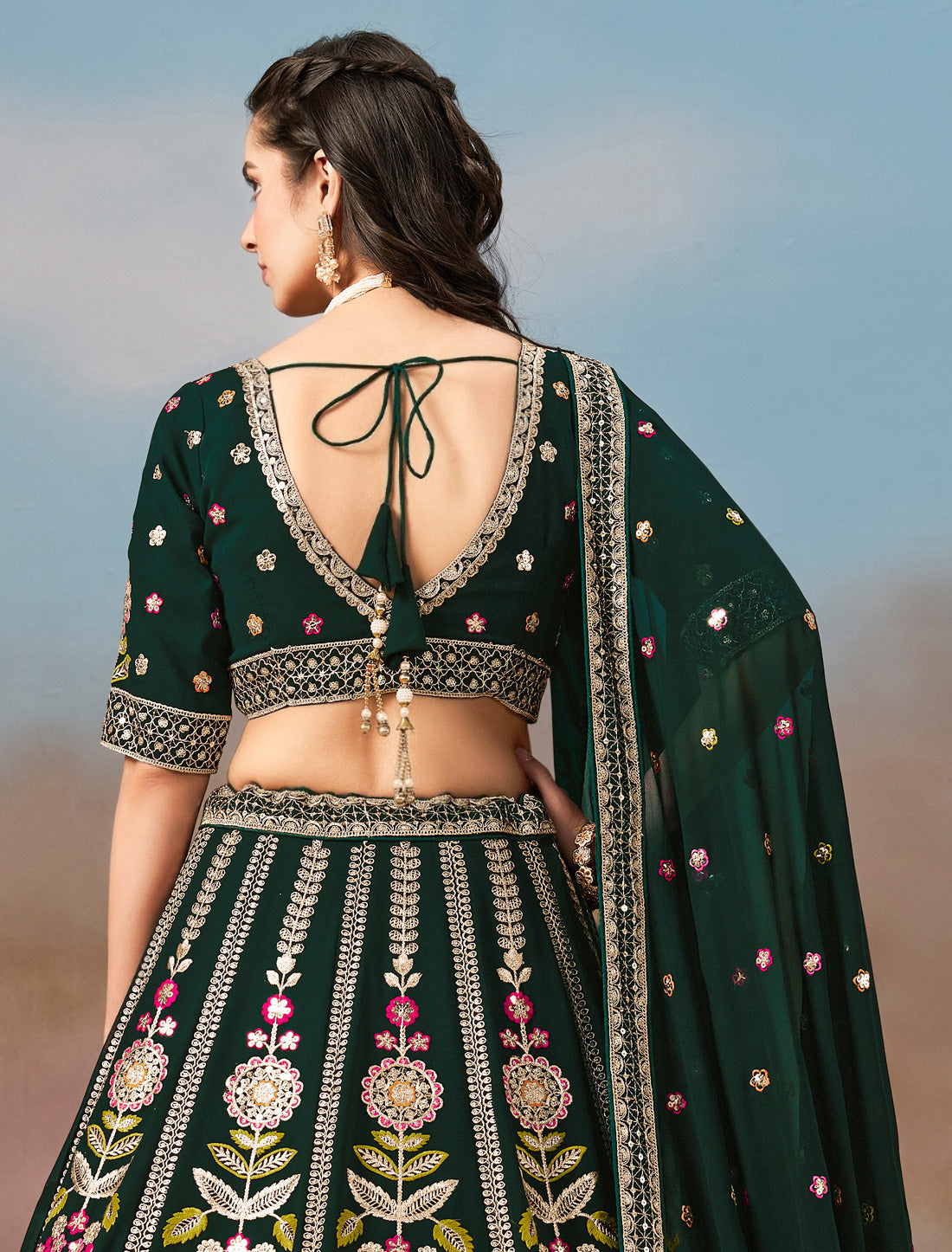 Green Designer Georgette Lehenga Choli Set With Zari Embroidery