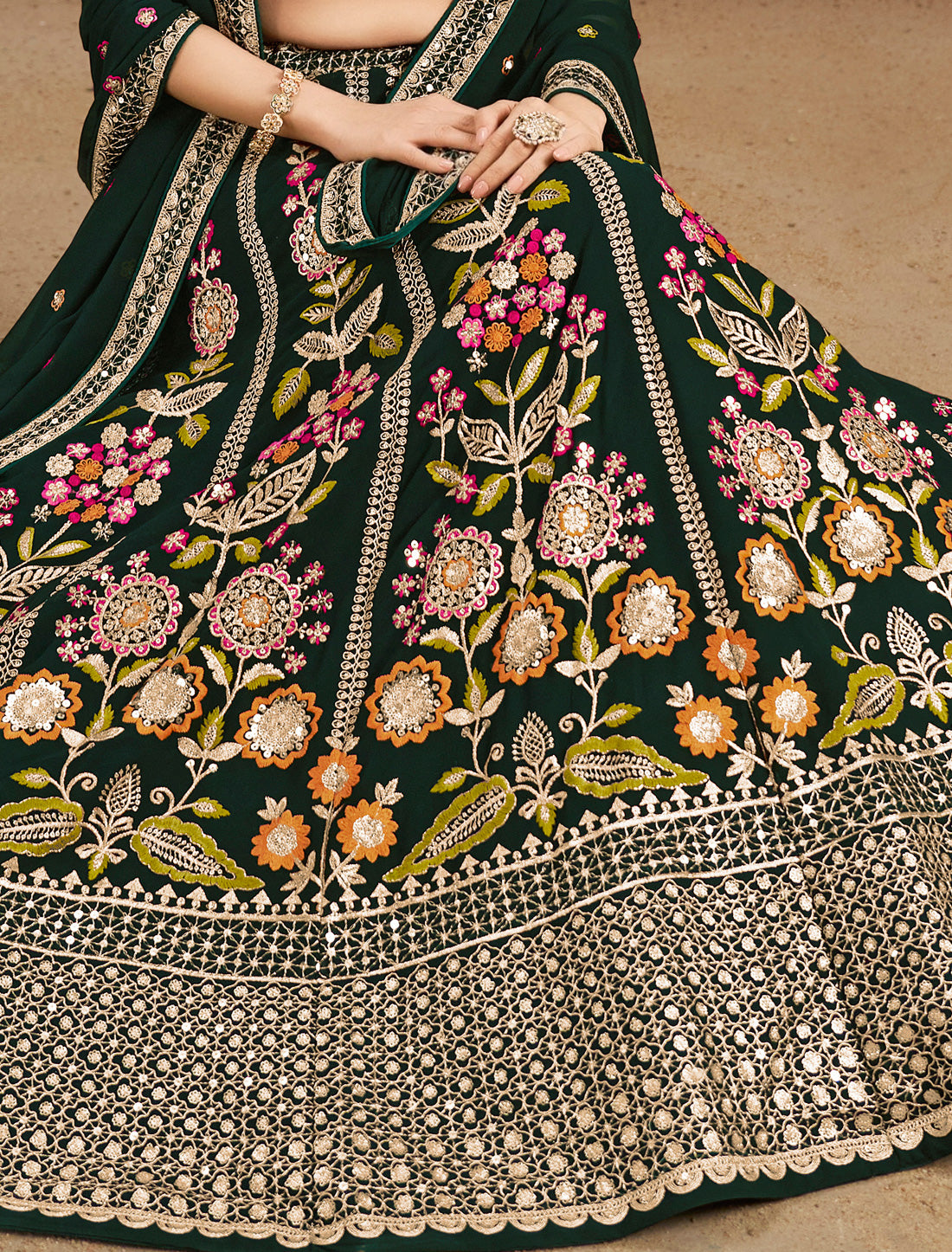 Green Designer Georgette Lehenga Choli Set With Zari Embroidery