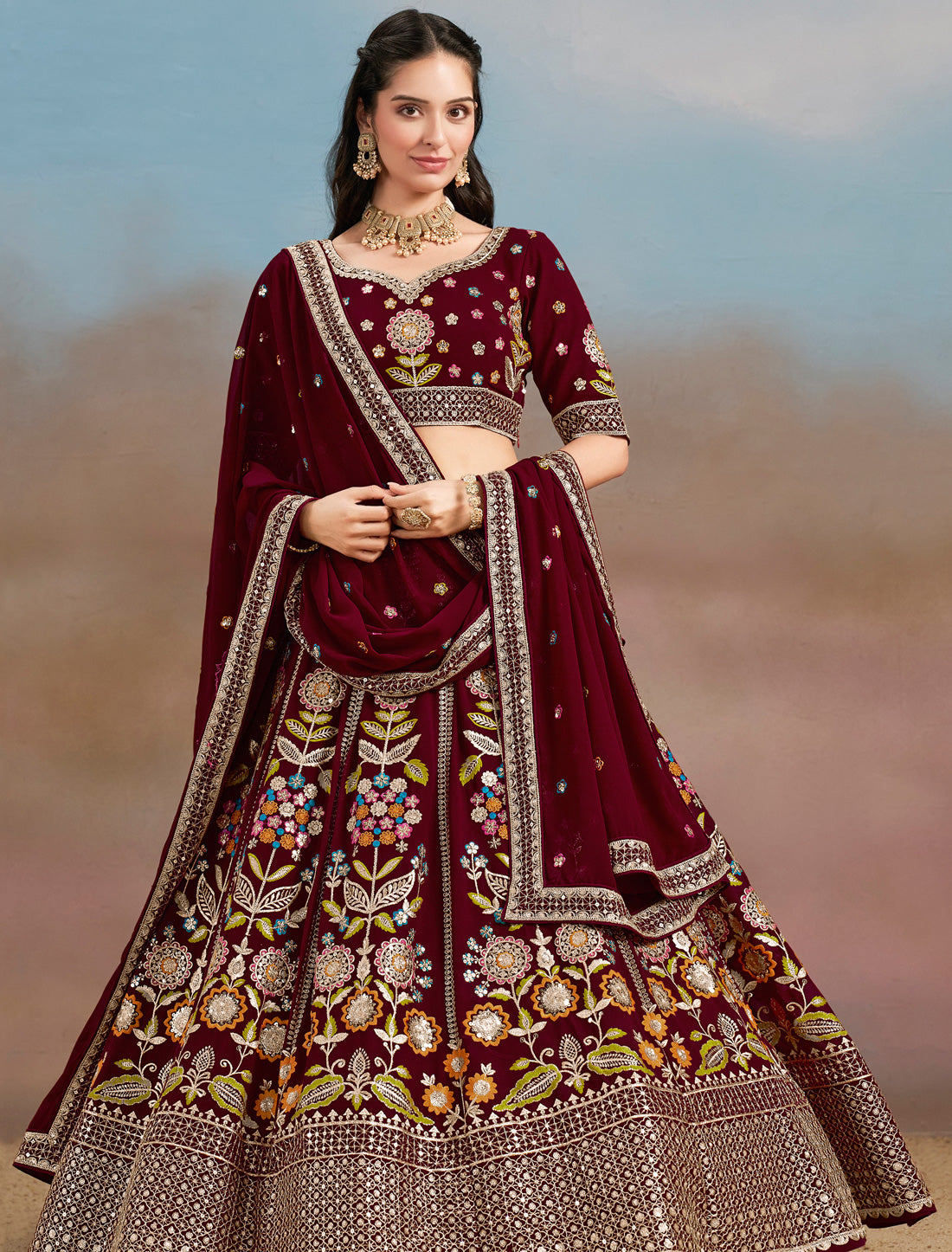 Maroon Designer Georgette Lehenga Choli Set With Zari Embroidery
