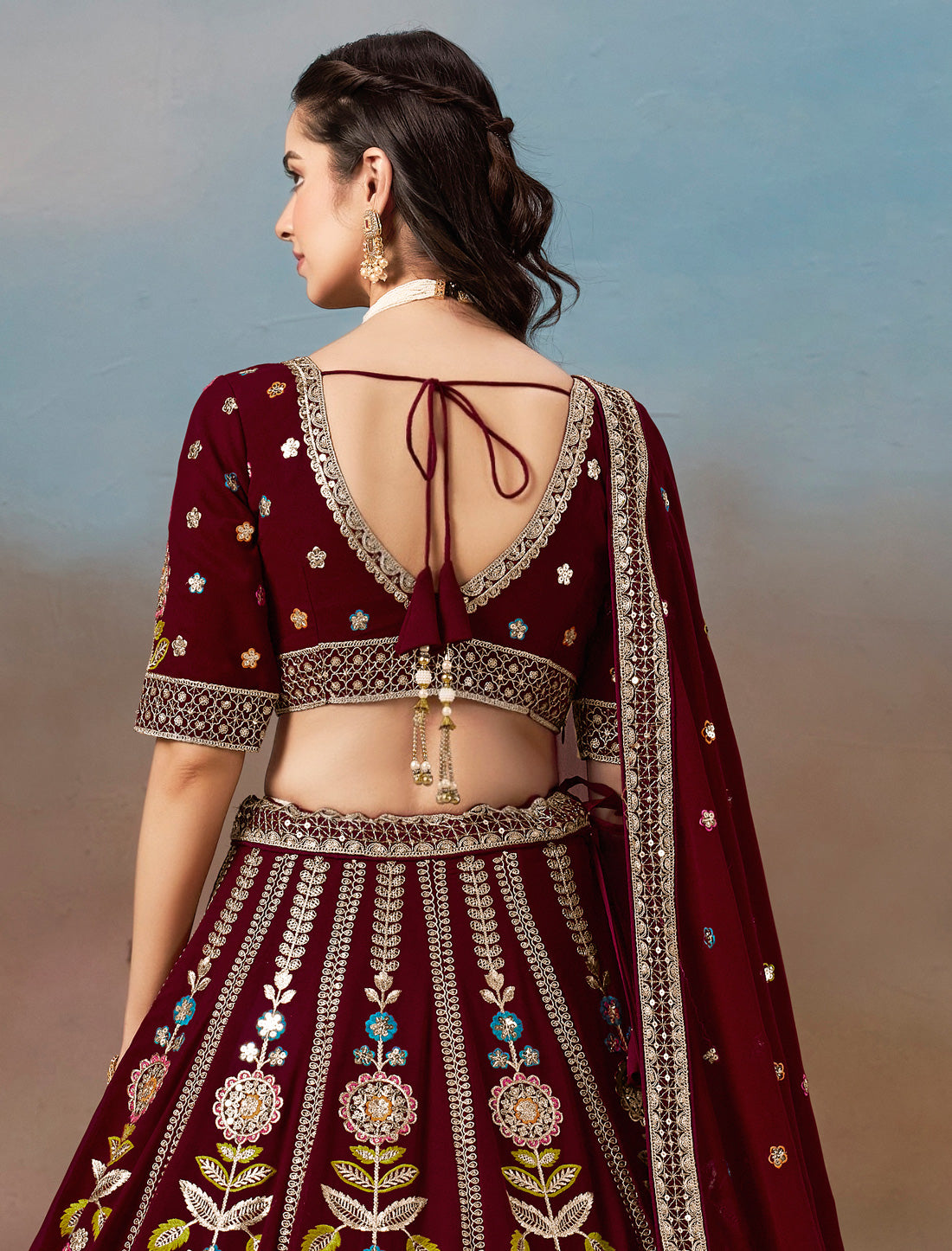 Maroon Designer Georgette Lehenga Choli Set With Zari Embroidery