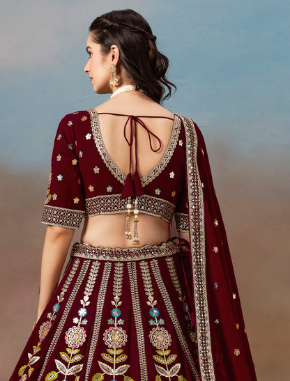 Maroon Designer Georgette Lehenga Choli Set With Zari Embroidery