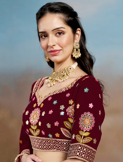 Maroon Designer Georgette Lehenga Choli Set With Zari Embroidery