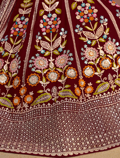 Maroon Designer Georgette Lehenga Choli Set With Zari Embroidery