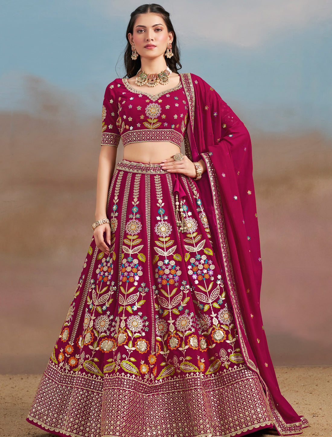 Pink Designer Wedding Georgette Lehenga Choil Set Thread Embroidery