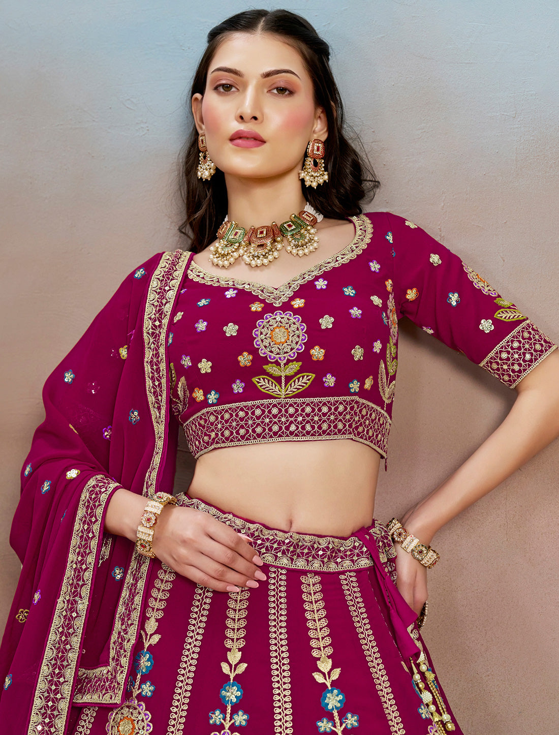 Pink Designer Wedding Georgette Lehenga Choil Set Thread Embroidery