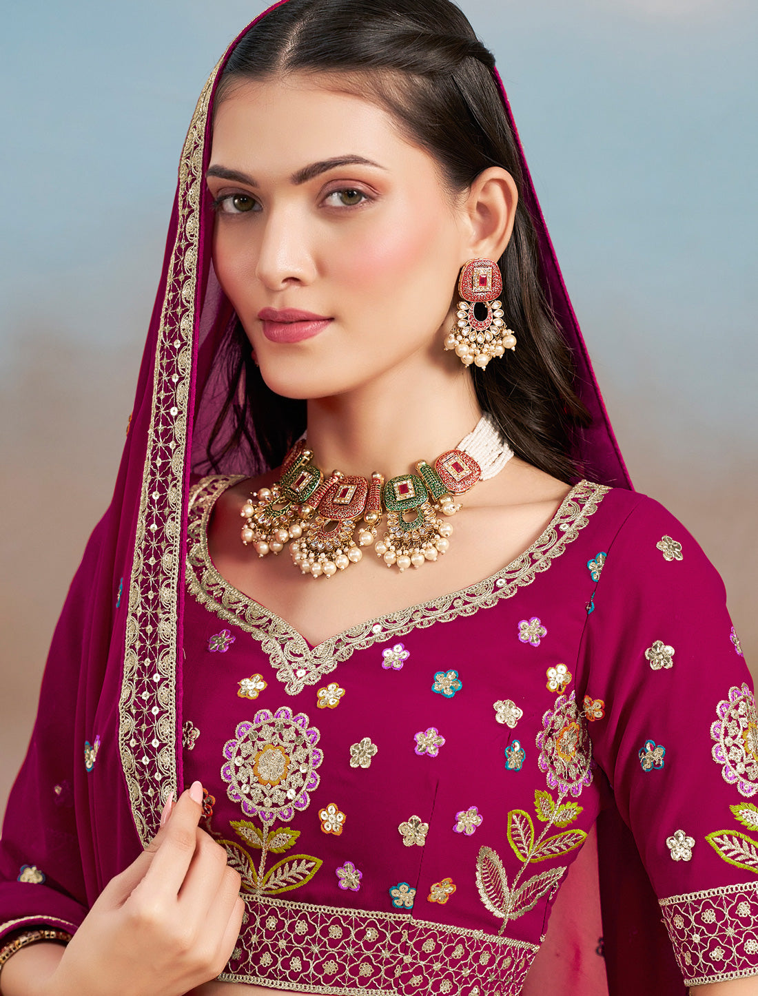 Pink Designer Wedding Georgette Lehenga Choil Set Thread Embroidery