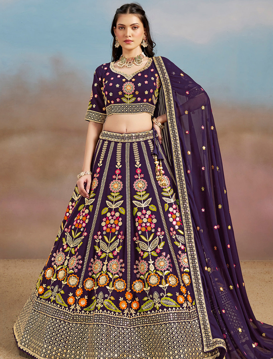 Purple Designer Wedding Georgette Lehenga Choil Set Thread Embroidery
