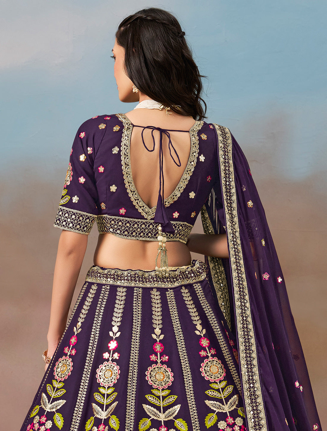 Purple Designer Wedding Georgette Lehenga Choil Set Thread Embroidery