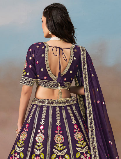 Purple Designer Wedding Georgette Lehenga Choil Set Thread Embroidery