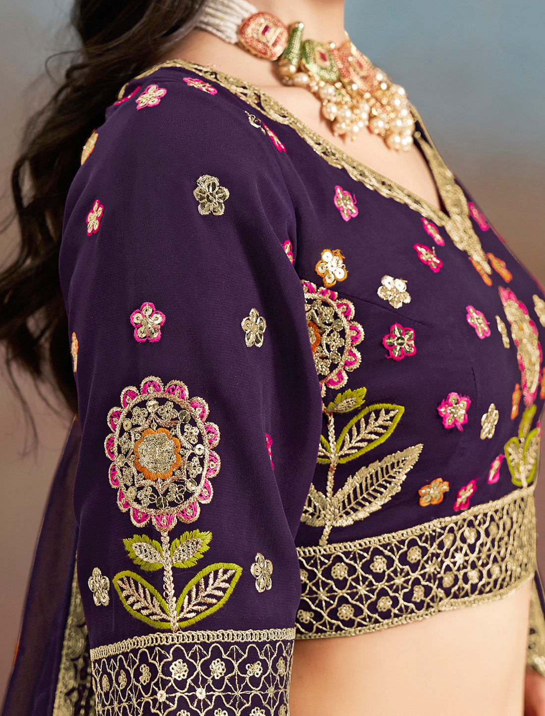 Purple Designer Wedding Georgette Lehenga Choil Set Thread Embroidery