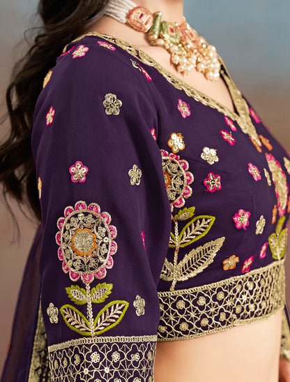 Purple Designer Wedding Georgette Lehenga Choil Set Thread Embroidery