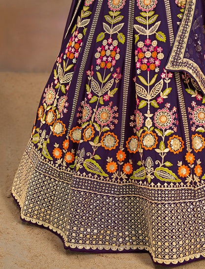 Purple Designer Wedding Georgette Lehenga Choil Set Thread Embroidery