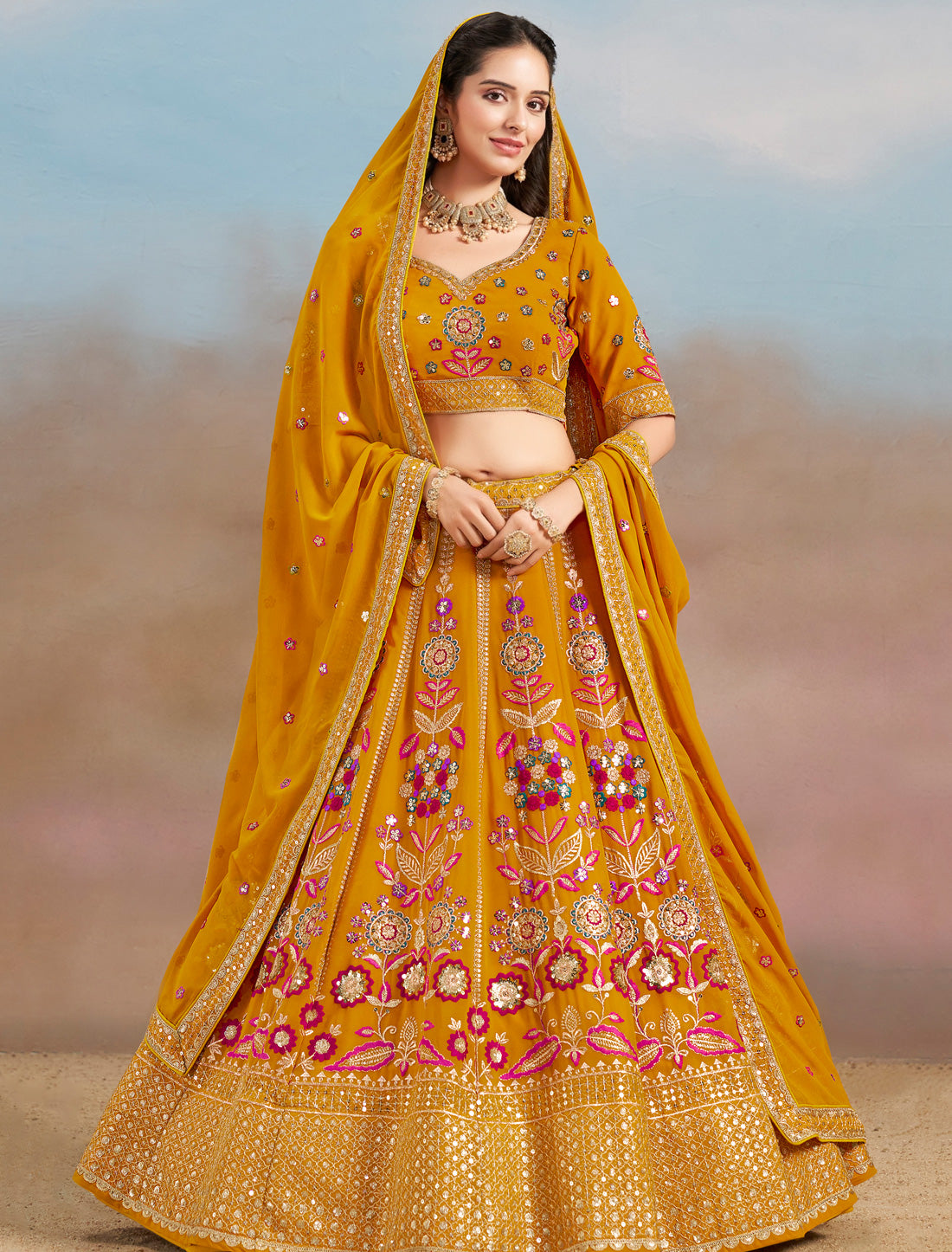 Yellow Ethnic Designer Wedding Georgette Lehenga Choil Thread Embroidery