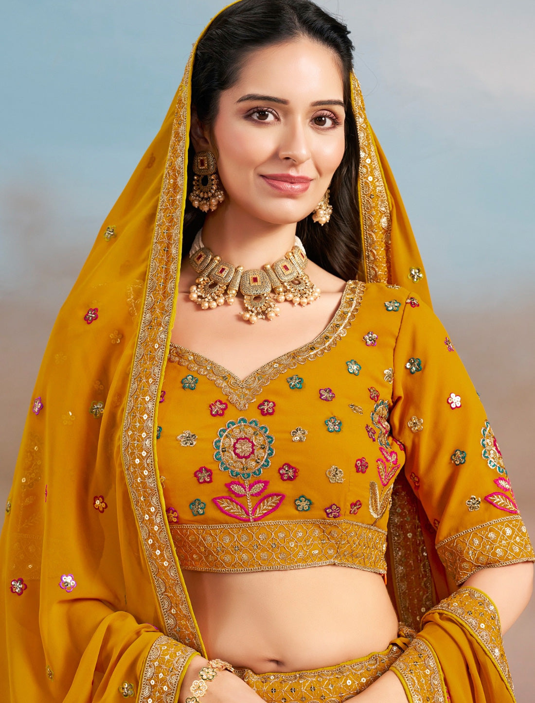 Yellow Ethnic Designer Wedding Georgette Lehenga Choil Thread Embroidery