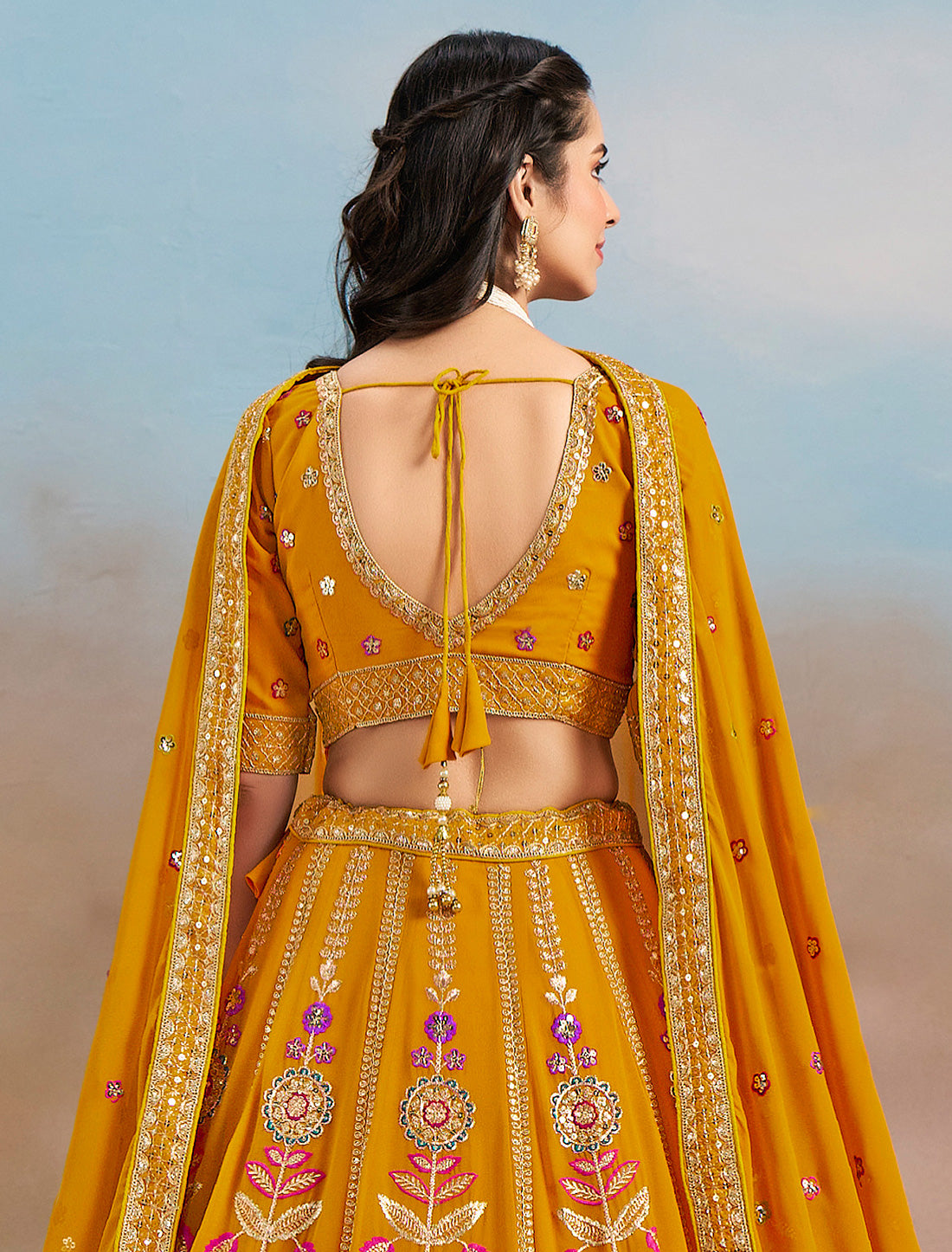 Yellow Ethnic Designer Wedding Georgette Lehenga Choil Thread Embroidery