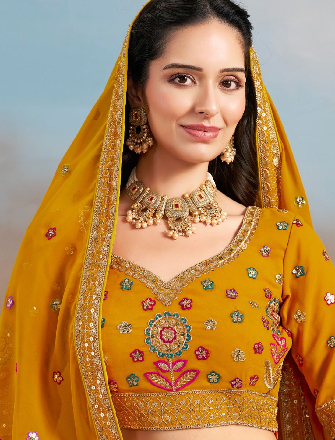 Yellow Ethnic Designer Wedding Georgette Lehenga Choil Thread Embroidery