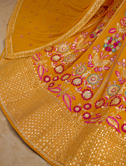 Yellow Ethnic Designer Wedding Georgette Lehenga Choil Thread Embroidery