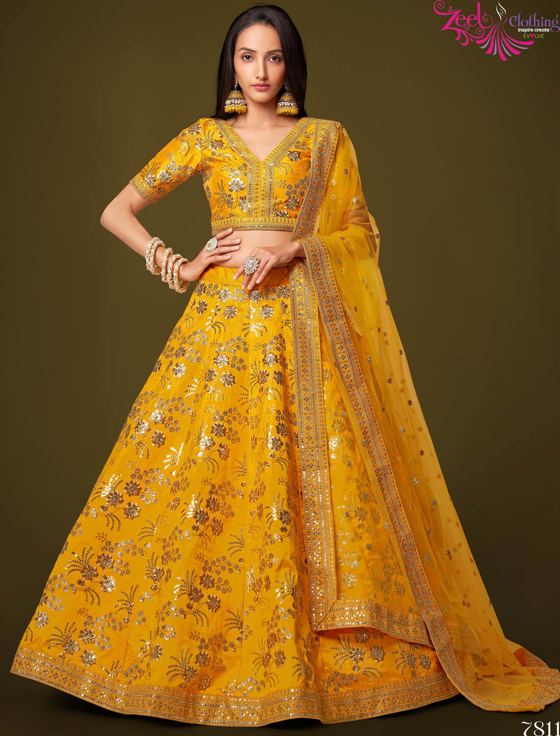 Yellow Semi Stitched Ethnic Wedding Lehenga Choli For Women With Slub Silk Fabric & Sequins Embroidery Work