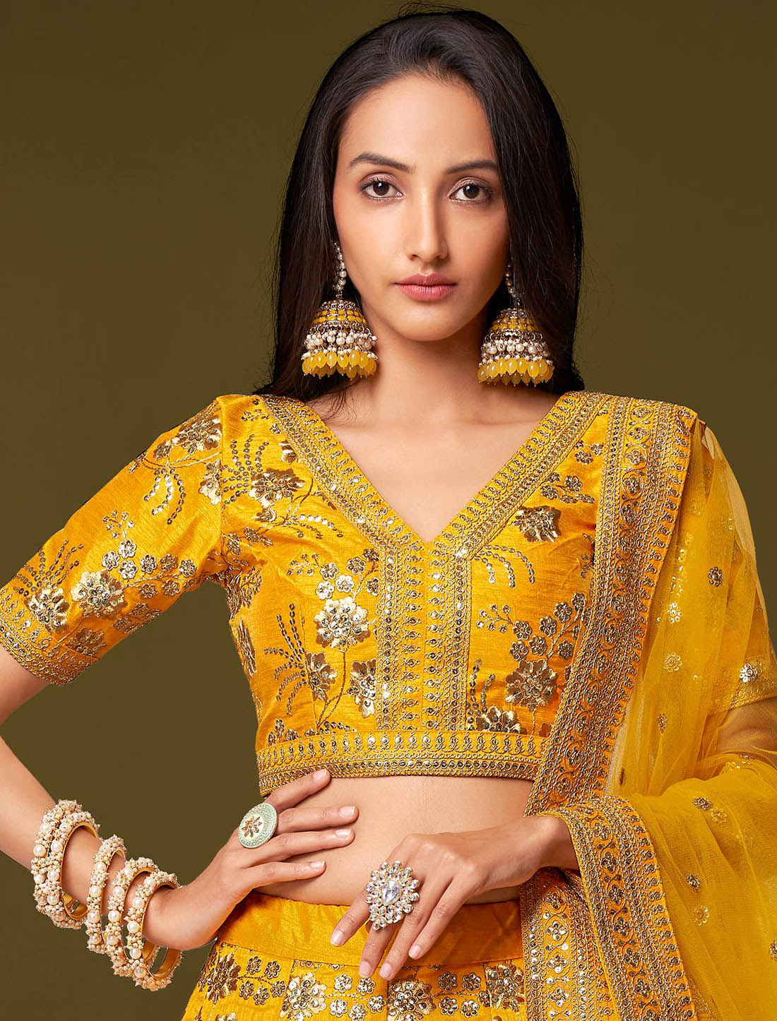 Yellow Semi Stitched Ethnic Wedding Lehenga Choli For Women With Slub Silk Fabric & Sequins Embroidery Work