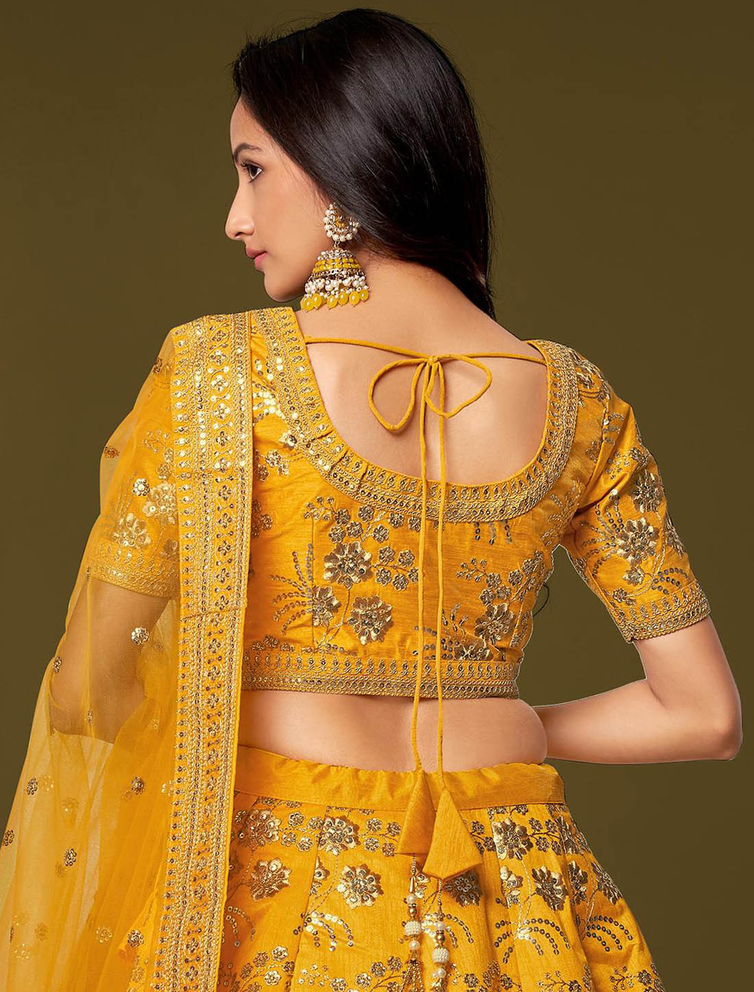 Yellow Semi Stitched Ethnic Wedding Lehenga Choli For Women With Slub Silk Fabric & Sequins Embroidery Work