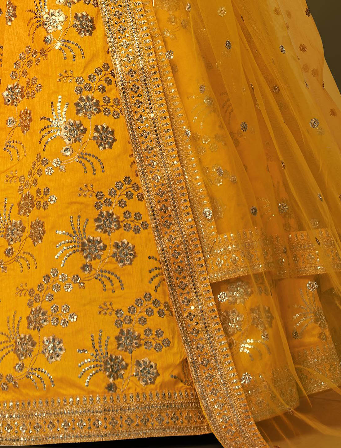 Yellow Semi Stitched Ethnic Wedding Lehenga Choli For Women With Slub Silk Fabric & Sequins Embroidery Work