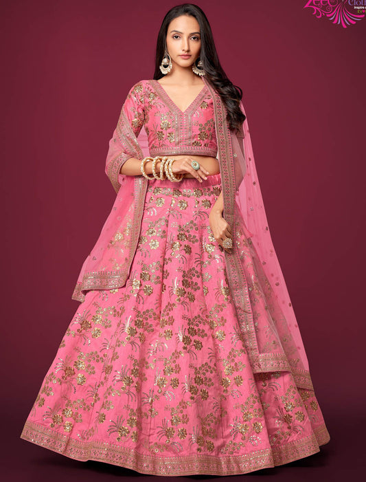 Peach Women Ethnic Semi Stitiched Lehenga Choli For Wedding With Slub Silk Fabric With Zari Sequins & Dori Embroidery Work