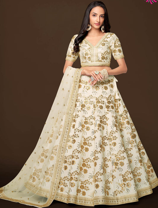 White Ethnic Semi Stitiched Wedding Lehenga Choli For Women With Slub Silk Fabric