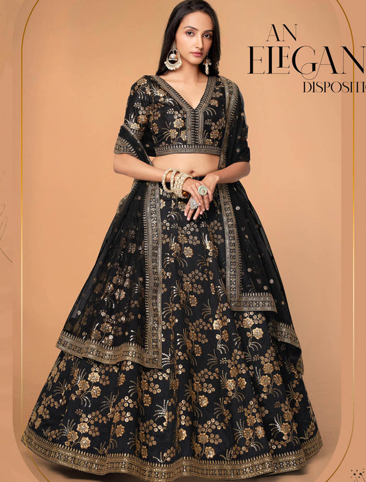 Black Women Ethnic Semi Stitched Lehenga Choli With Slub Silk Fabric & Soft Net Dupatta