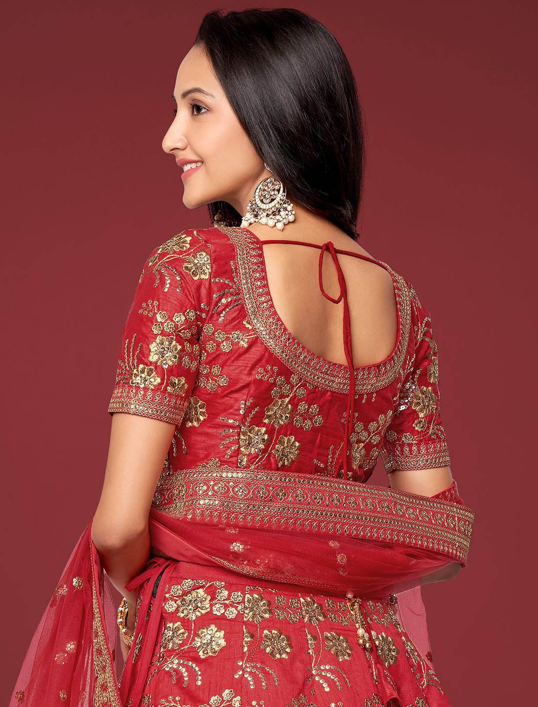 Red Slub Silk Ethnic Semi Stitched Wedding Lehenga Choli For Women with Sequins Embroidery Work