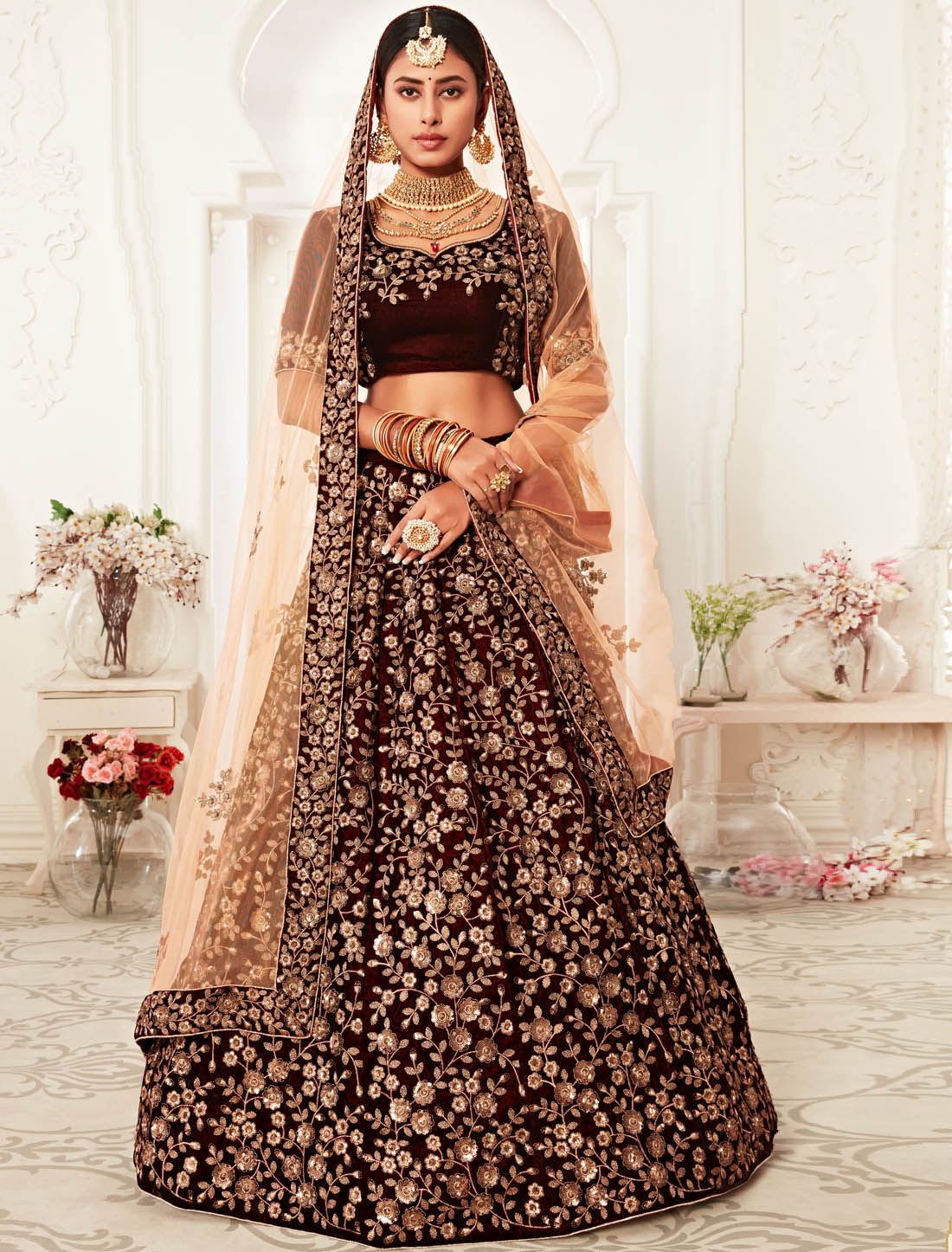 Maroon Ethnic Velvet & Soft Net Dupatta Exquisite Women Lehenga Choli