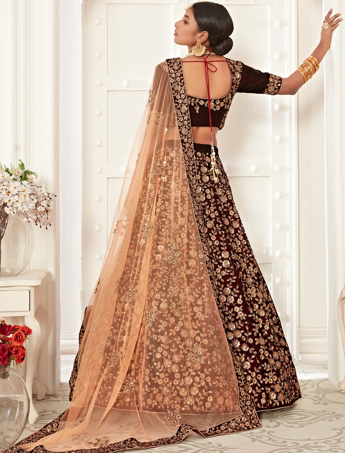 Maroon Ethnic Velvet & Soft Net Dupatta Exquisite Women Lehenga Choli