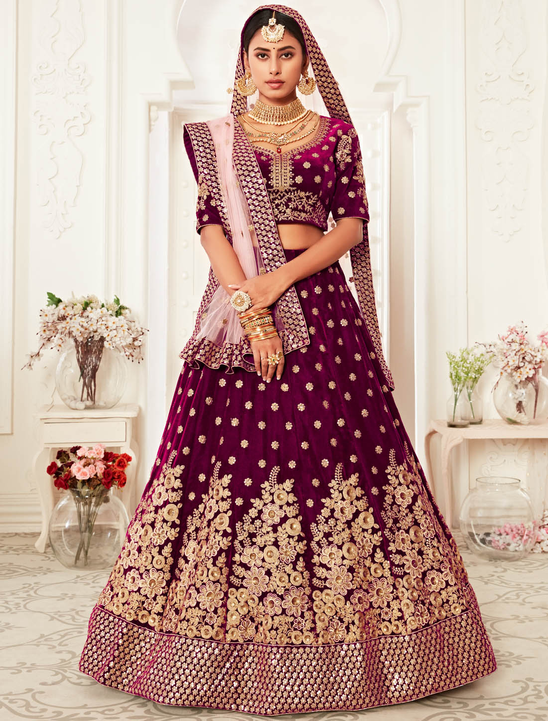 Purple Ethnic Velvet & Soft Net Dupatta Women Lehenga Choli