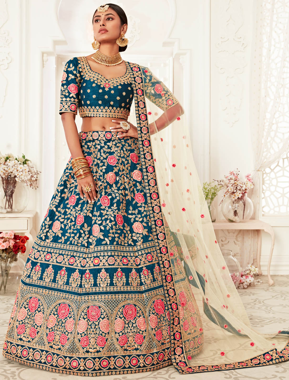 Blue Slub Silk & Net Dupatta Effortless Women Ethnic Lehenga Choli