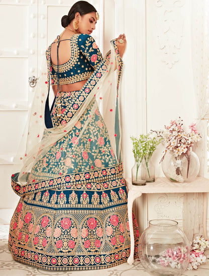 Blue Slub Silk & Net Dupatta Effortless Women Ethnic Lehenga Choli
