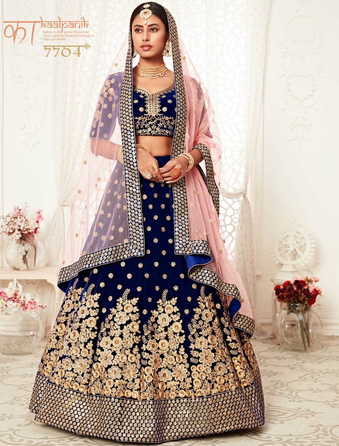 Navy Blue Women Velvet & Soft Net Dupatta Ethnic Lehenga Choli