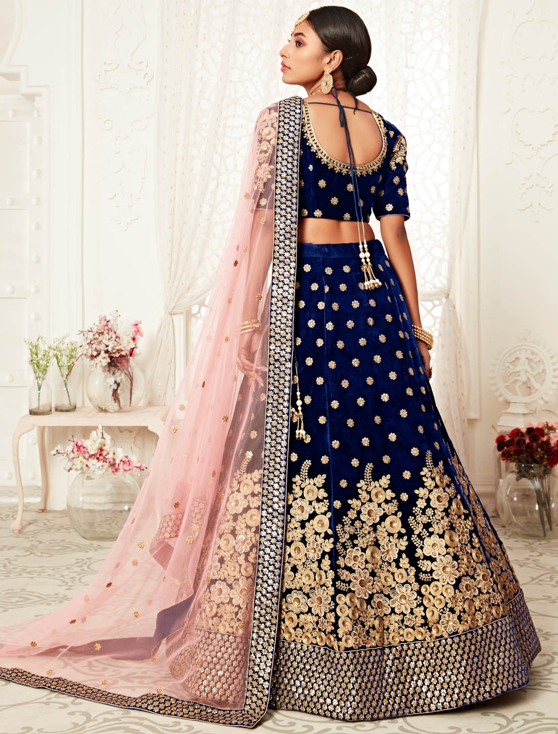 Navy Blue Women Velvet & Soft Net Dupatta Ethnic Lehenga Choli